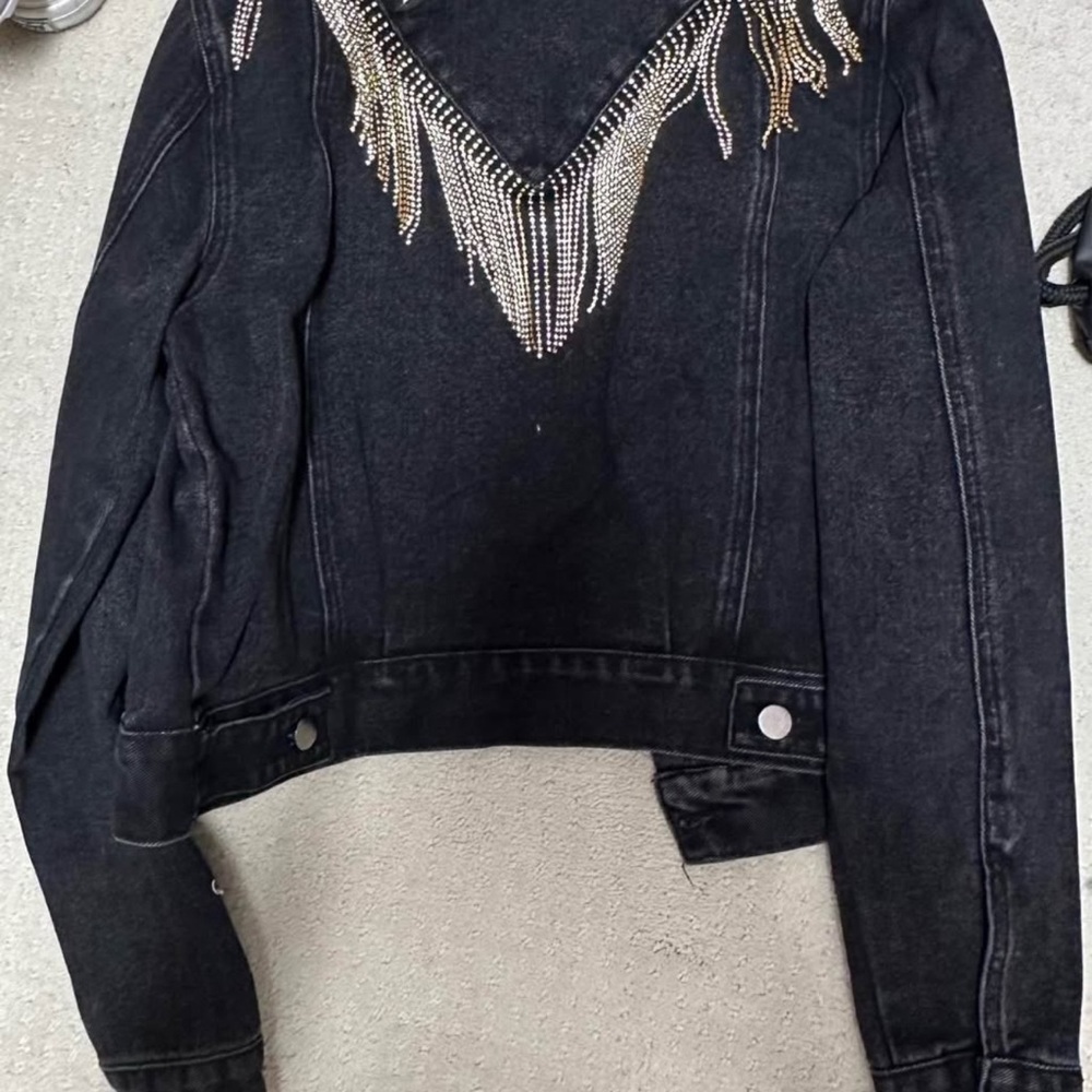 Black Denim Jacket with Rhinestone Fringe